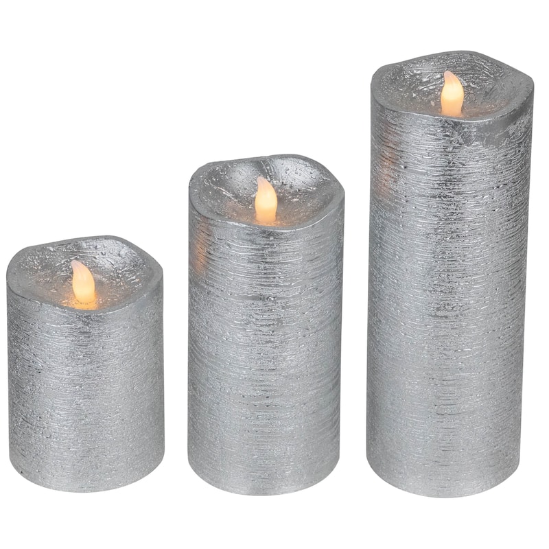 Set of 3 Silver LED Flickering Christmas Flameless Pillar Candles 8